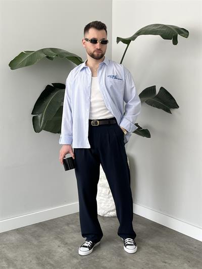 Cold Culture Nakışlı Mavi Çizgili Oversize Gömlek