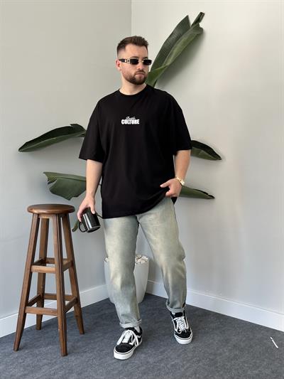 Culture Baskılı Siyah Oversize T-shirt
