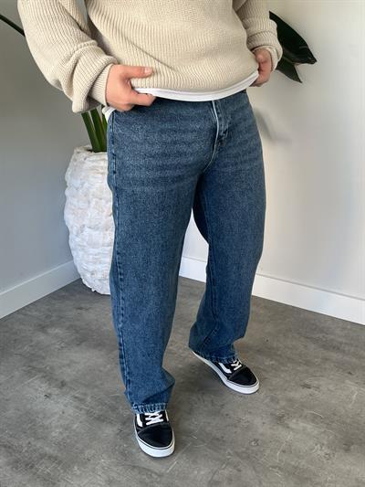 Dark Blue Yıkamalı Efekt Detaylı Baggy Jean