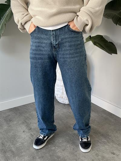 Dark Blue Yıkamalı Efekt Detaylı Baggy Jean