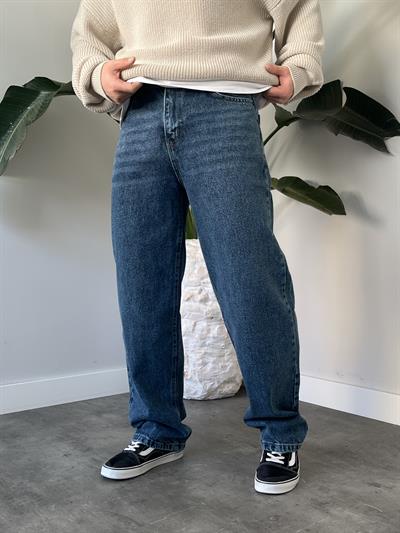 Dark Blue Yıkamalı Efekt Detaylı Baggy Jean