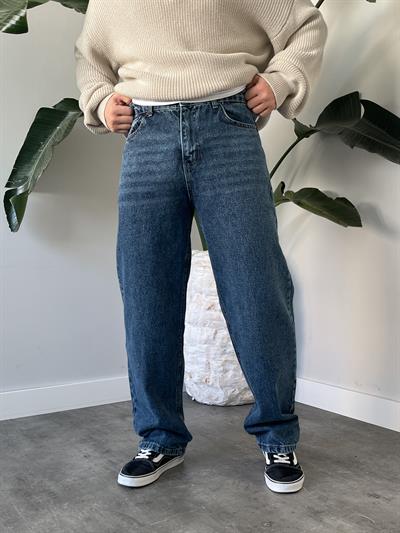 Dark Blue Yıkamalı Efekt Detaylı Baggy Jean