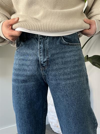 Dark Blue Yıkamalı Efekt Detaylı Baggy Jean