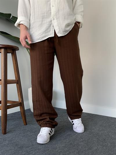 Desenli Kahverengi Baggy Keten Pantolon