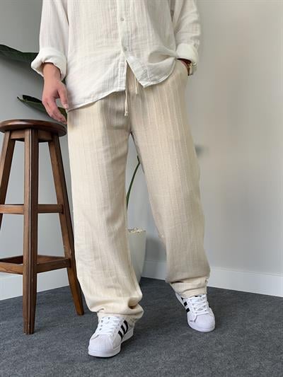 Desenli Krem Baggy Keten Pantolon