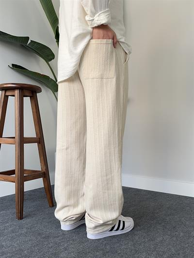 Desenli Krem Baggy Keten Pantolon