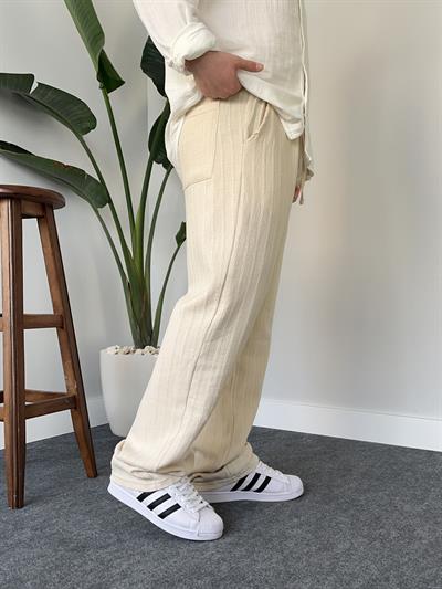 Desenli Krem Baggy Keten Pantolon