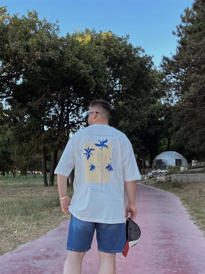 Ekru Blue Flowers Baskılı Oversize T-shirt
