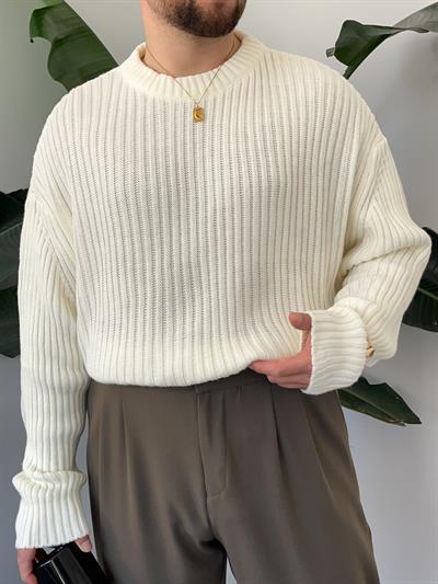 Ekru Extra Dolgulu Oversize Örgü Kazak