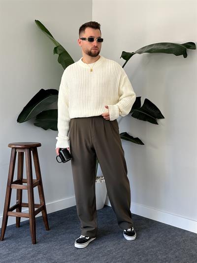 Ekru Extra Dolgulu Oversize Örgü Kazak