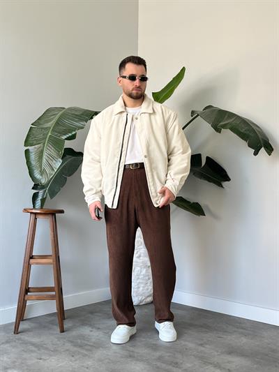 Ekru Fitilli Kadife Bomber Mont
