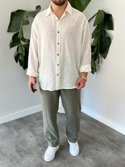 Ekru Gofre Keten Oversize Gömlek
