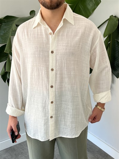 Ekru Gofre Keten Oversize Gömlek