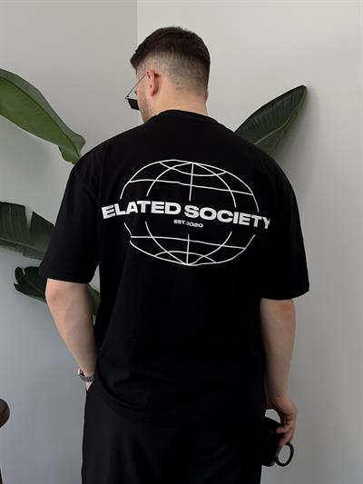 Elated Society Baskılı Siyah Oversize T-shirt