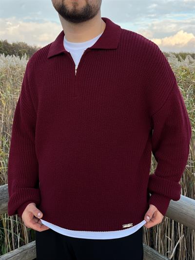 Elite Bordo Zip Polo Oversize Örgü Kazak
