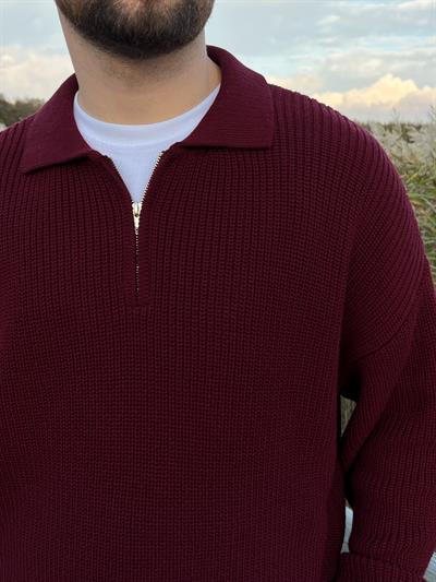 Elite Bordo Zip Polo Oversize Örgü Kazak