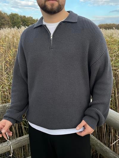 Elite Füme Zip Polo Oversize Örgü Kazak
