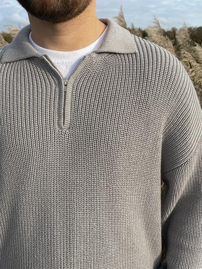 Elite Gri Zip Polo Oversize Örgü Kazak