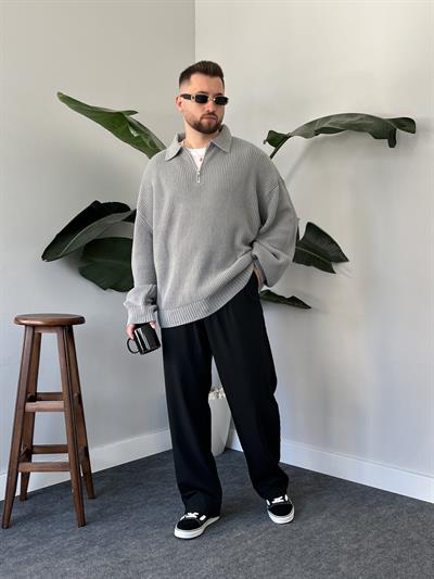 Elite Gri Zip Polo Oversize Örgü Kazak
