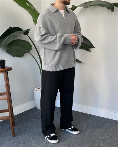 Elite Gri Zip Polo Oversize Örgü Kazak