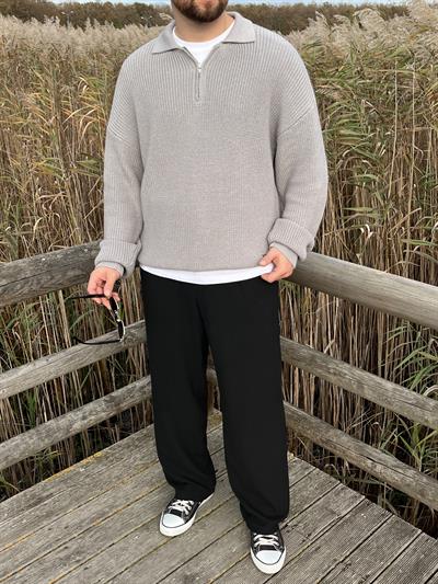 Elite Gri Zip Polo Oversize Örgü Kazak