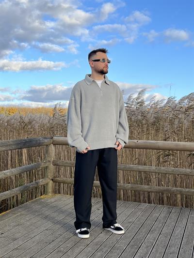 Elite Gri Zip Polo Oversize Örgü Kazak