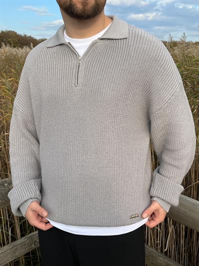 Elite Gri Zip Polo Oversize Örgü Kazak