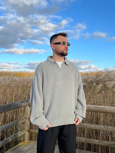 Elite Gri Zip Polo Oversize Örgü Kazak