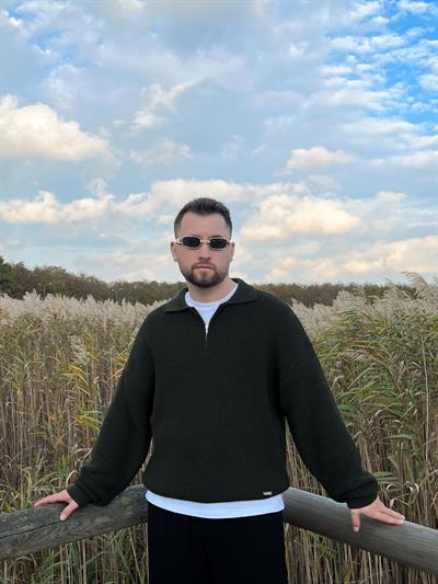 Elite Haki Zip Polo Oversize Örgü Kazak