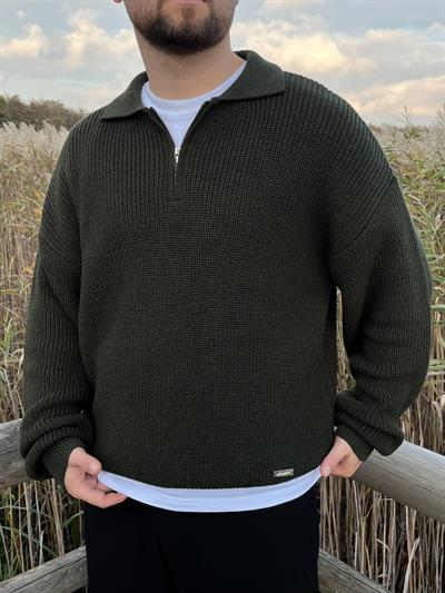 Elite Haki Zip Polo Oversize Örgü Kazak