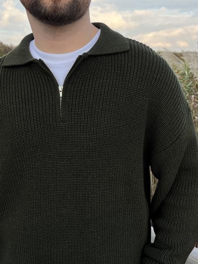 Elite Haki Zip Polo Oversize Örgü Kazak