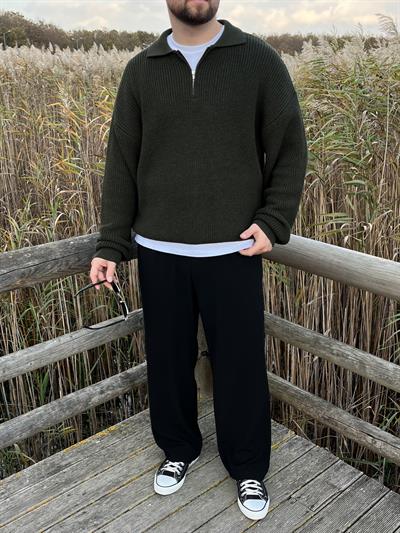 Elite Haki Zip Polo Oversize Örgü Kazak