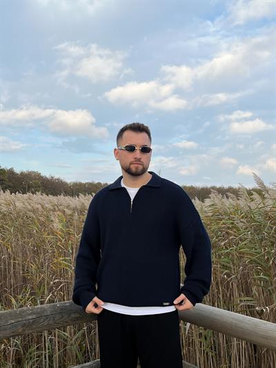 Elite Lacivert Zip Polo Oversize Örgü Kazak