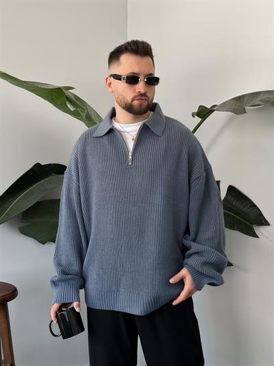 Elite Mavi Zip Polo Oversize Örgü Kazak