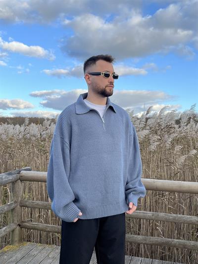 Elite Mavi Zip Polo Oversize Örgü Kazak