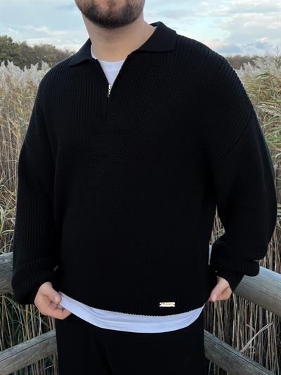 Elite Siyah Zip Polo Oversize Örgü Kazak