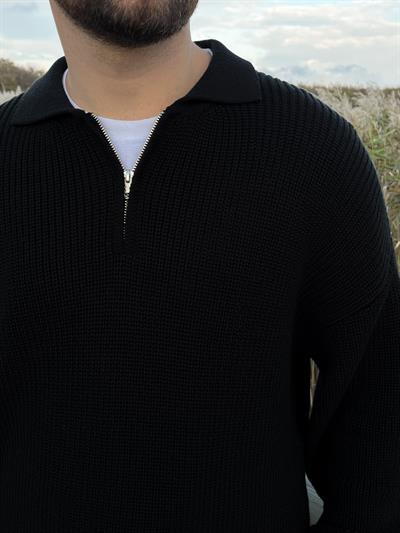Elite Siyah Zip Polo Oversize Örgü Kazak