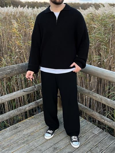 Elite Siyah Zip Polo Oversize Örgü Kazak
