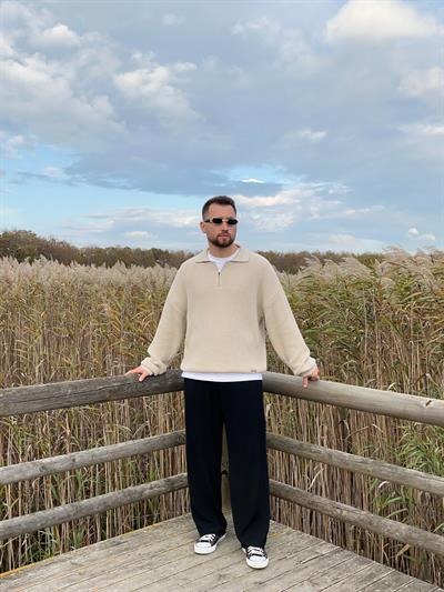 Elite Taş Zip Polo Oversize Örgü Kazak