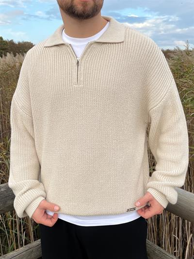 Elite Taş Zip Polo Oversize Örgü Kazak