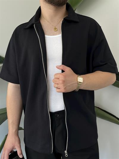 Fermuarlı Siyah Oversize Gömlek
