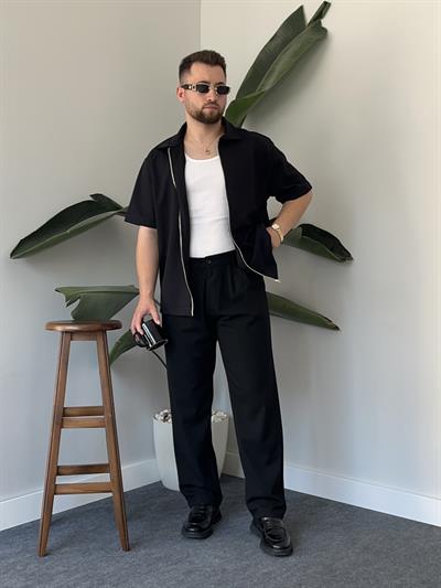 Fermuarlı Siyah Oversize Gömlek