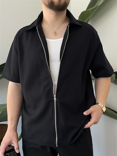 Fermuarlı Siyah Oversize Gömlek