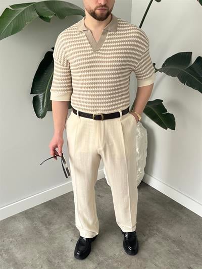 Fioro Bej Diagonel Desen Oversize Örme Polo Yaka T-shirt