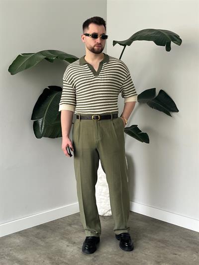 Fioro Haki Diagonel Desen Oversize Örme Polo Yaka T-shirt