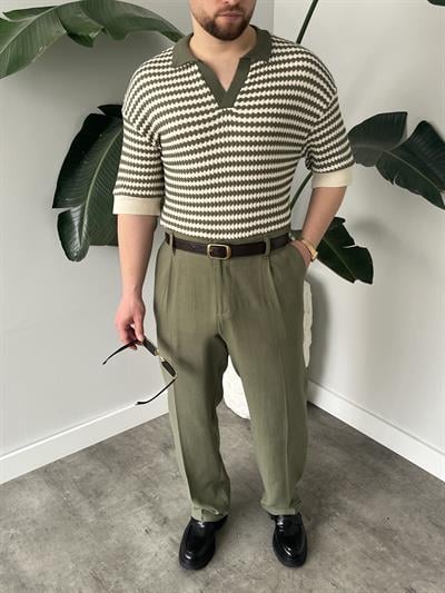 Fioro Haki Diagonel Desen Oversize Örme Polo Yaka T-shirt