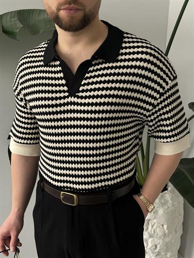Fioro Siyah Diagonel Desen Oversize Örme Polo Yaka T-shirt