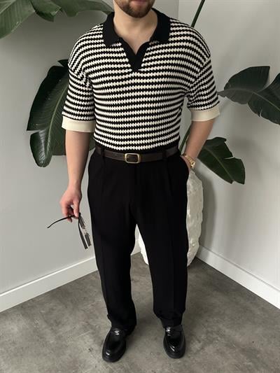 Fioro Siyah Diagonel Desen Oversize Örme Polo Yaka T-shirt