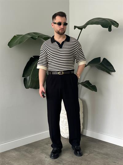 Fioro Siyah Diagonel Desen Oversize Örme Polo Yaka T-shirt