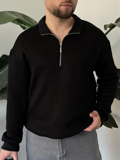 Flexzip Siyah Polo Fermuar Yaka Triko Kazak